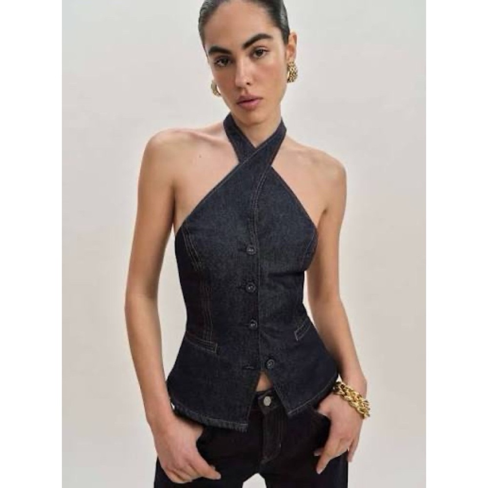 NWT Reformation Tate Denim Halter Top Blue 6